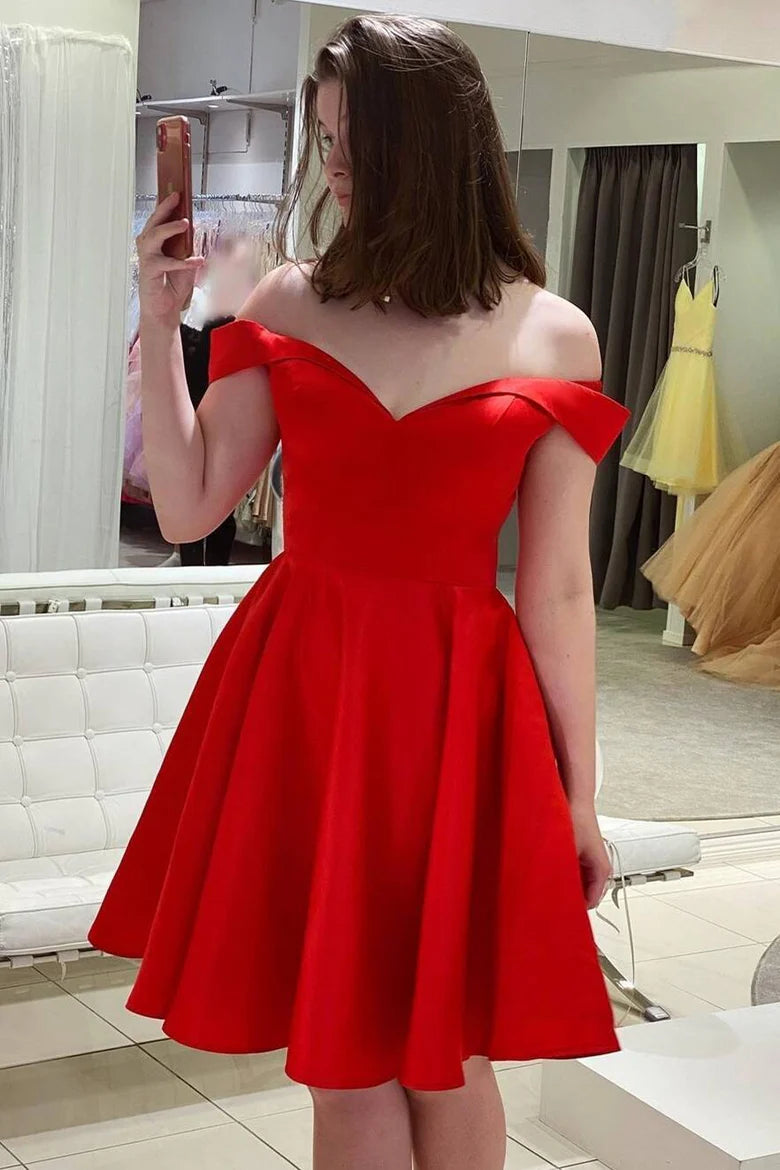 Vestido de fiesta de satén con hombros descubiertos para regreso a casa